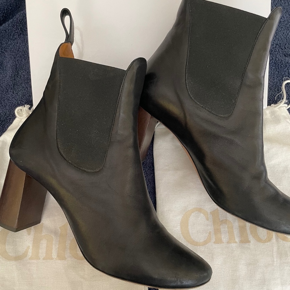 Chloe Chelsea Bootie - Black smooth leather with brown 3" block heel.